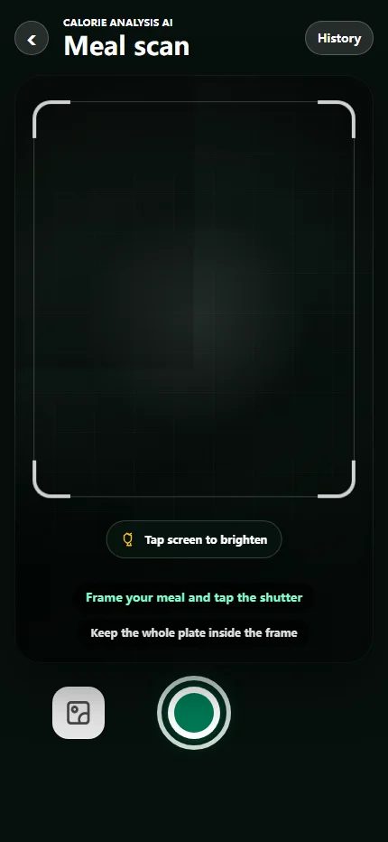 CaloSpark Meal Scan camera view with a framing guide