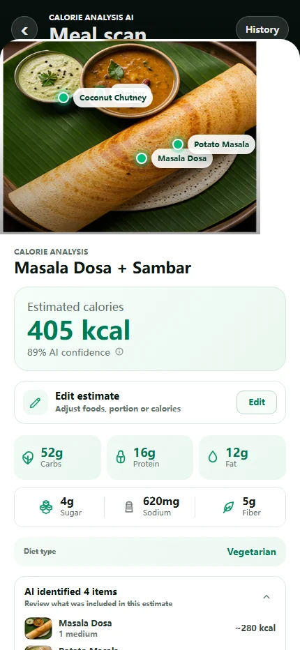CaloSpark Scan Result showing an estimated meal with calories, macros, and an edit control